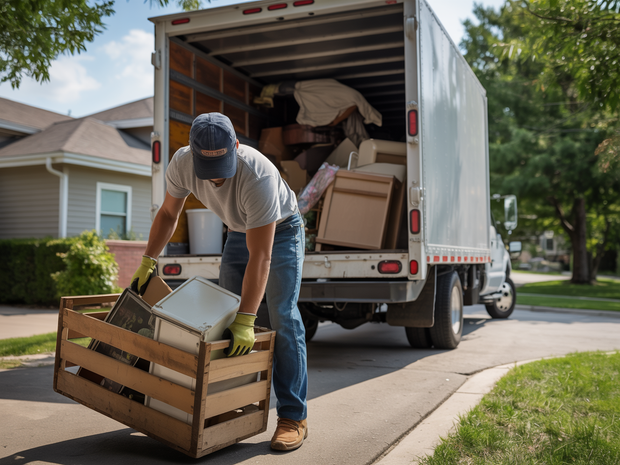 A person in a cap and work gloves carries a wooden crate toward a moving truck parked on a residential street.