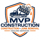 Logo for MVP Construction featuring a dump truck inside a shield with text: Construction, Junk Removal, Hauling Services.