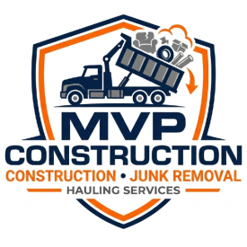 Logo for MVP Construction featuring a dump truck inside a shield with text: Construction, Junk Removal, Hauling Services.