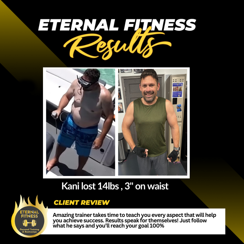 A man is standing on a boat in front of a sign that says eternal fitness results.