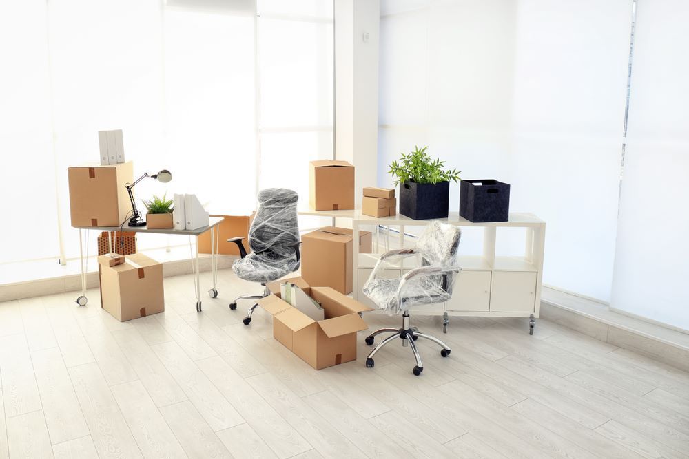 A Room Filled With Boxes, Chairs, Desks and Plants — Bellarine Removals In Geelong, VIC
