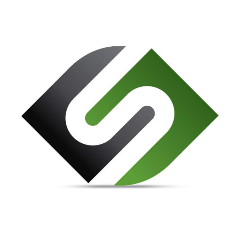 A black and green logo with the letter s on it
