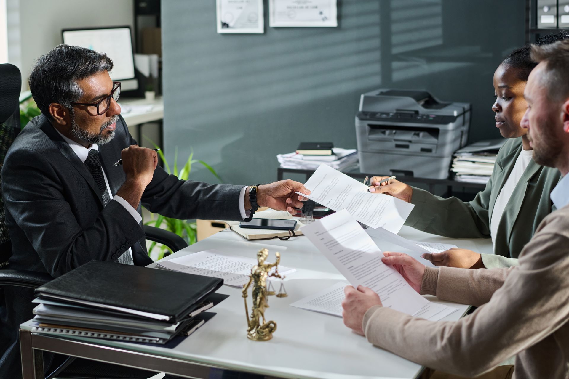 A group of people are sitting at a table having a meeting with a lawyer.