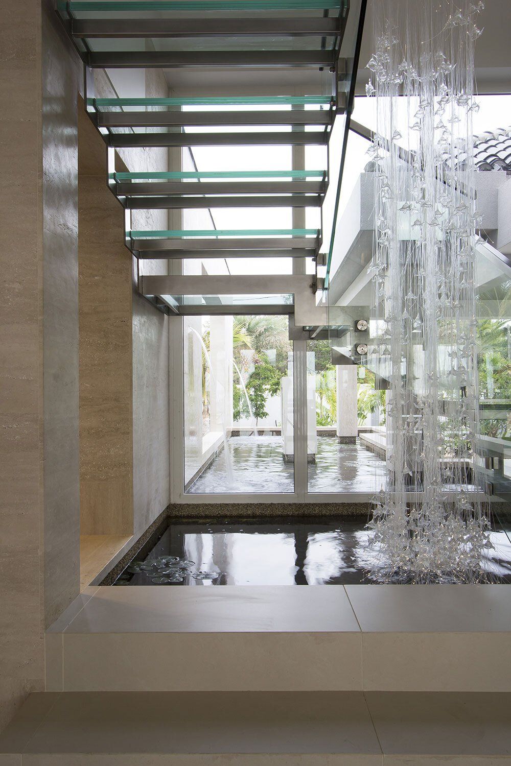 There is a waterfall in the middle of the room.