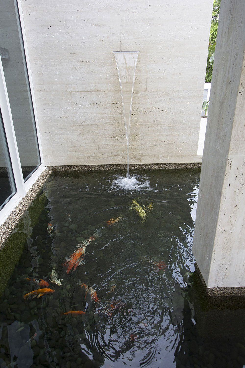 A pond with fish and a fountain in it