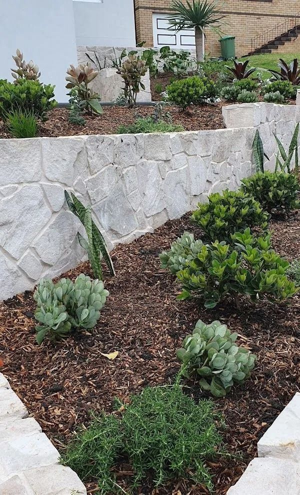 Stone Retaining Walls With Plants and Dark Mulch in a Terraced Garden — Divine Landscape Creations in Berkeley Vale, NSW