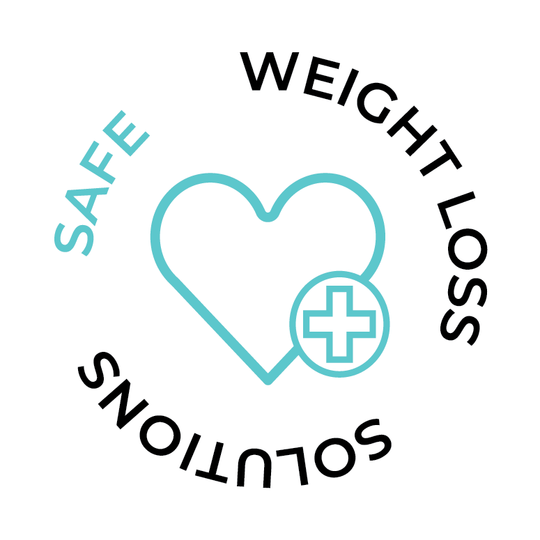 A logo for safe weight loss solutions with a heart and a magnifying glass.