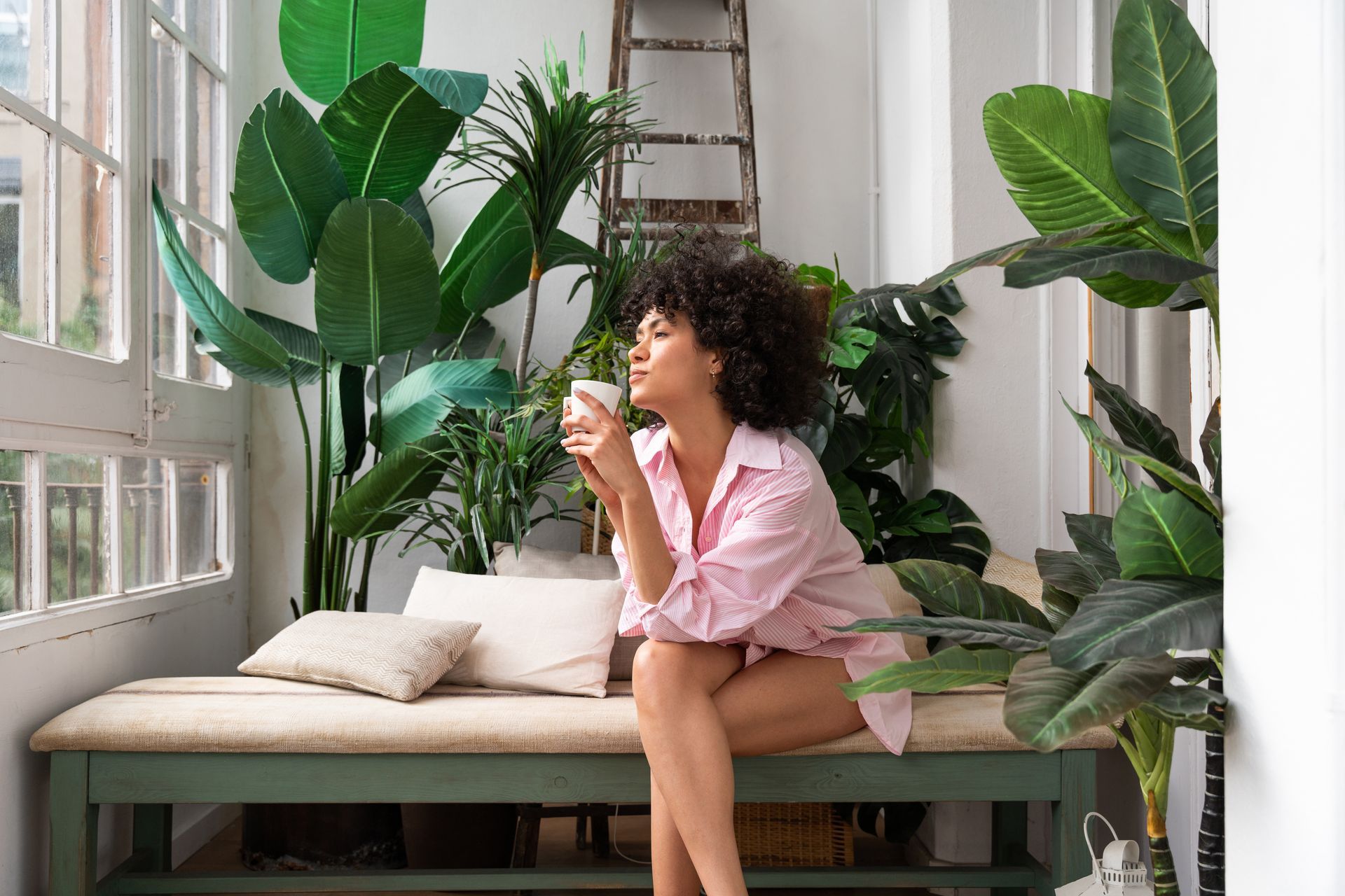 A woman is sitting on a bench drinking a cup of coffee.