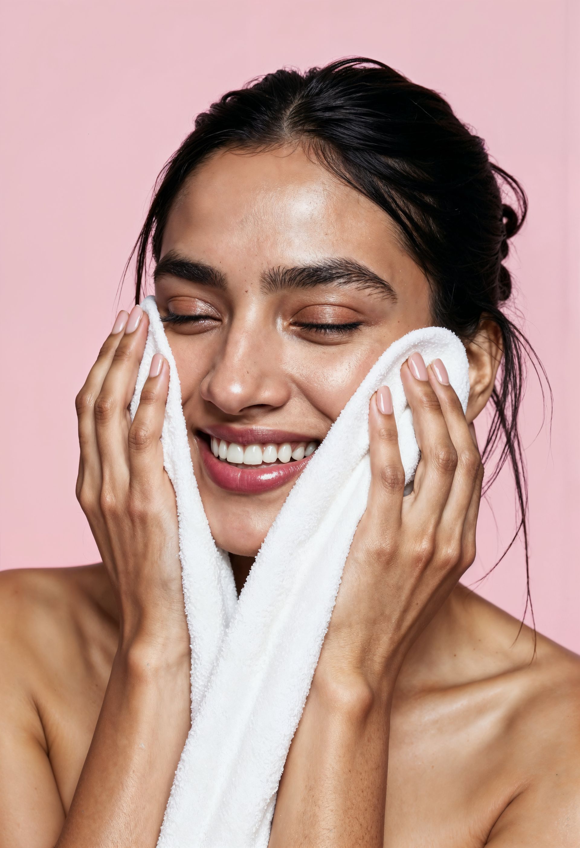 A woman in a bra is sitting at a table with her hand on her chin.