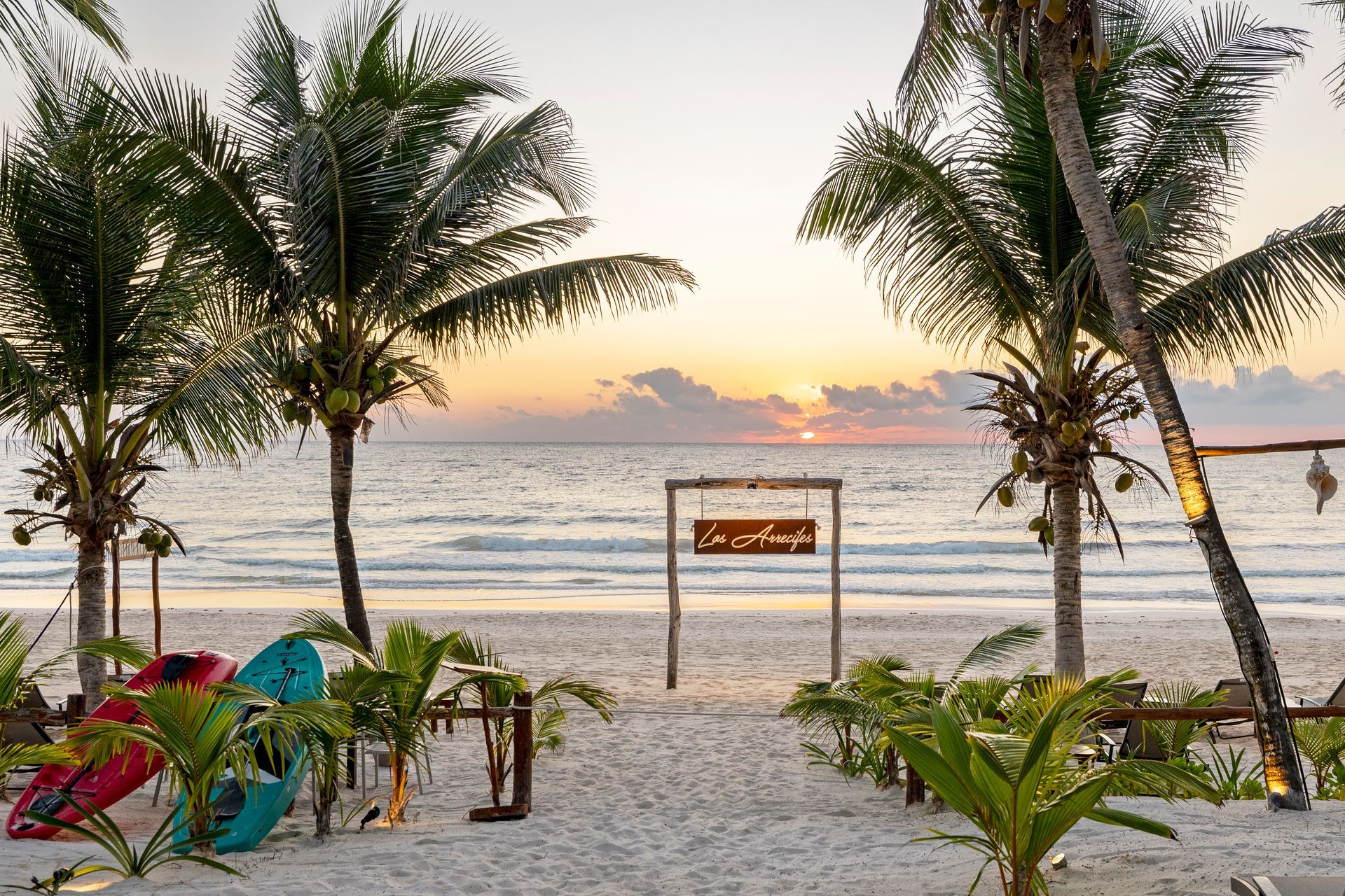 Beach entrance framed by palm trees; ocean and sunset in the background. Wooden sign on the sand.