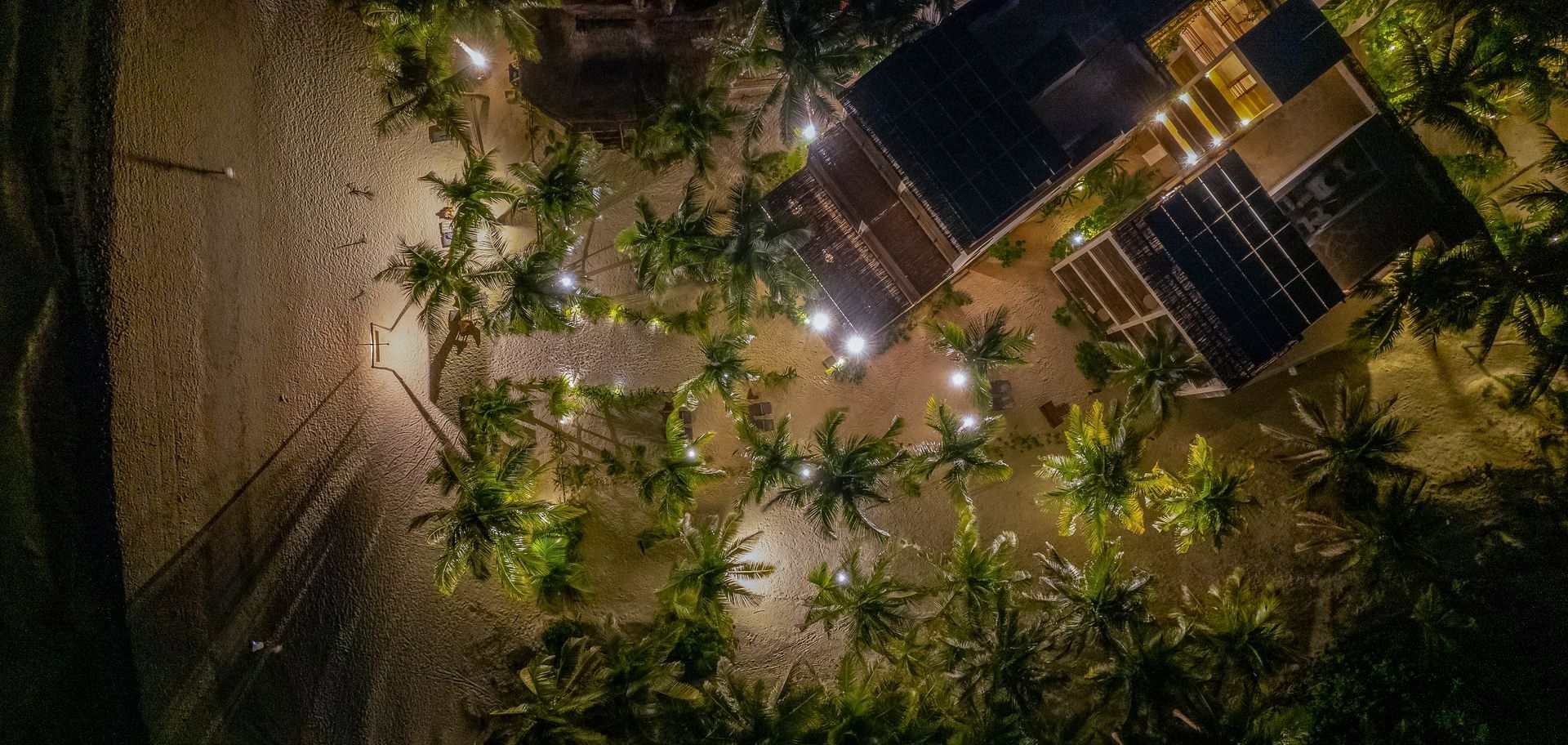 An aerial view of a building surrounded by palm trees, illuminated by string lights at night.