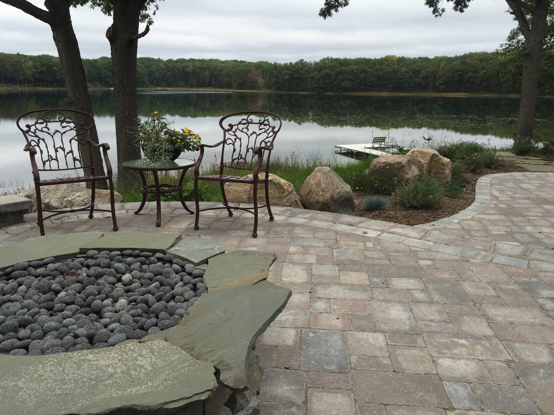 stone patio with fire pit