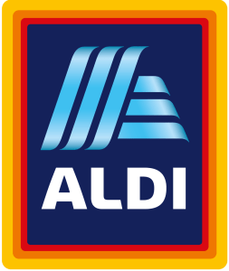 A blue and white aldi logo with a yellow border
