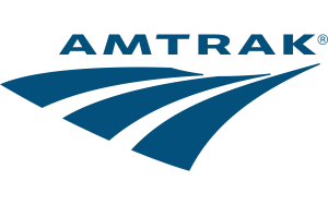 A blue and white amtrak logo on a white background