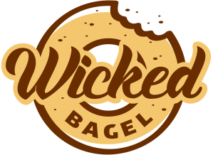 The logo for wicked bagel shows a bagel with a bite taken out of it