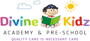 A logo for divine kidz academy and preschool quality care is necessary care