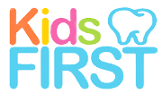 A colorful logo for kids first with a tooth on it.