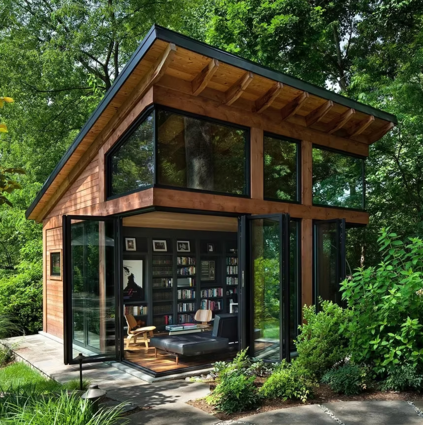 Wooden cabin with large windows and open folding doors, surrounded by lush greenery.