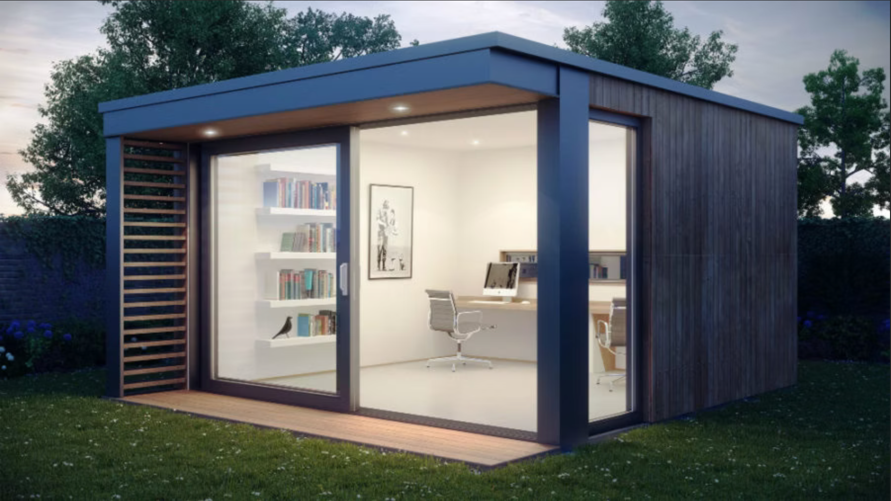 Modern outdoor office with glass sliding doors, dark wood siding, and interior workspace with desk and shelving.