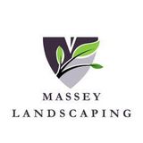 Logo for Massey Landscaping featuring a shield graphic with a stylized green leaf branch over dark grey and light grey.