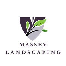 Logo for Massey Landscaping featuring a shield graphic with a stylized green leaf branch over dark grey and light grey.