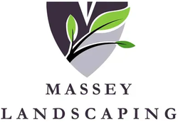Logo for Massey Landscaping featuring a shield graphic with a stylized leaf design above the company name.