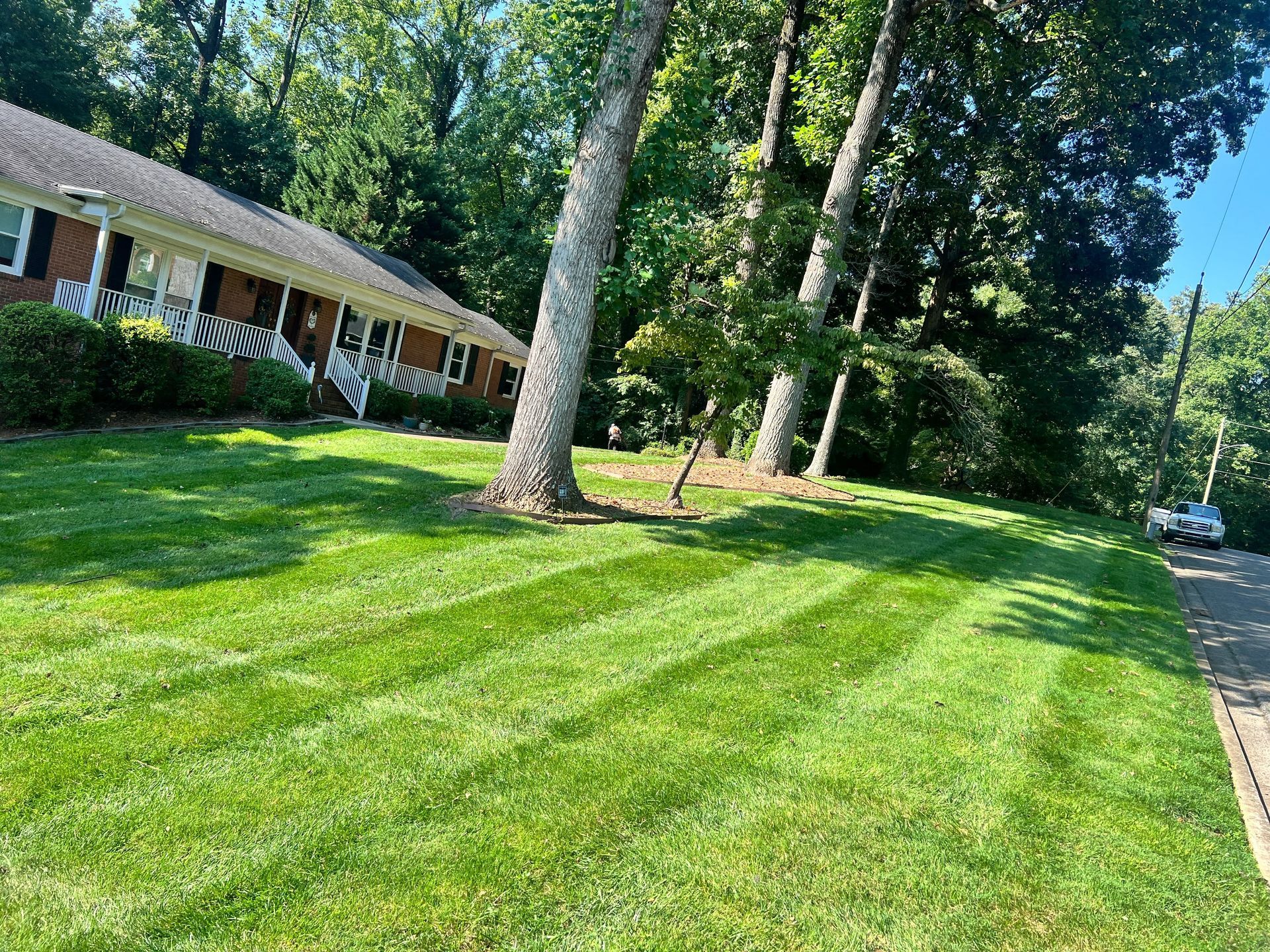 A lush, green lawn with mowing stripes leads toward a one-story brick house partially shaded by tall trees.