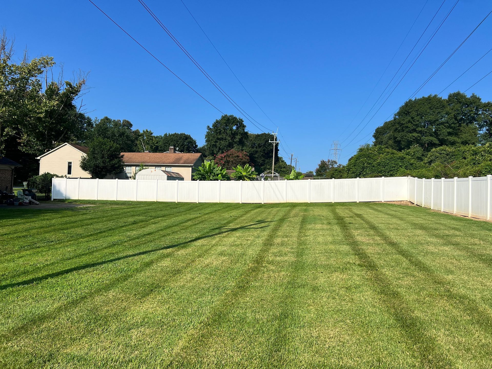 A large, freshly mowed green lawn stretches toward a white vinyl privacy fence under a clear blue sky.