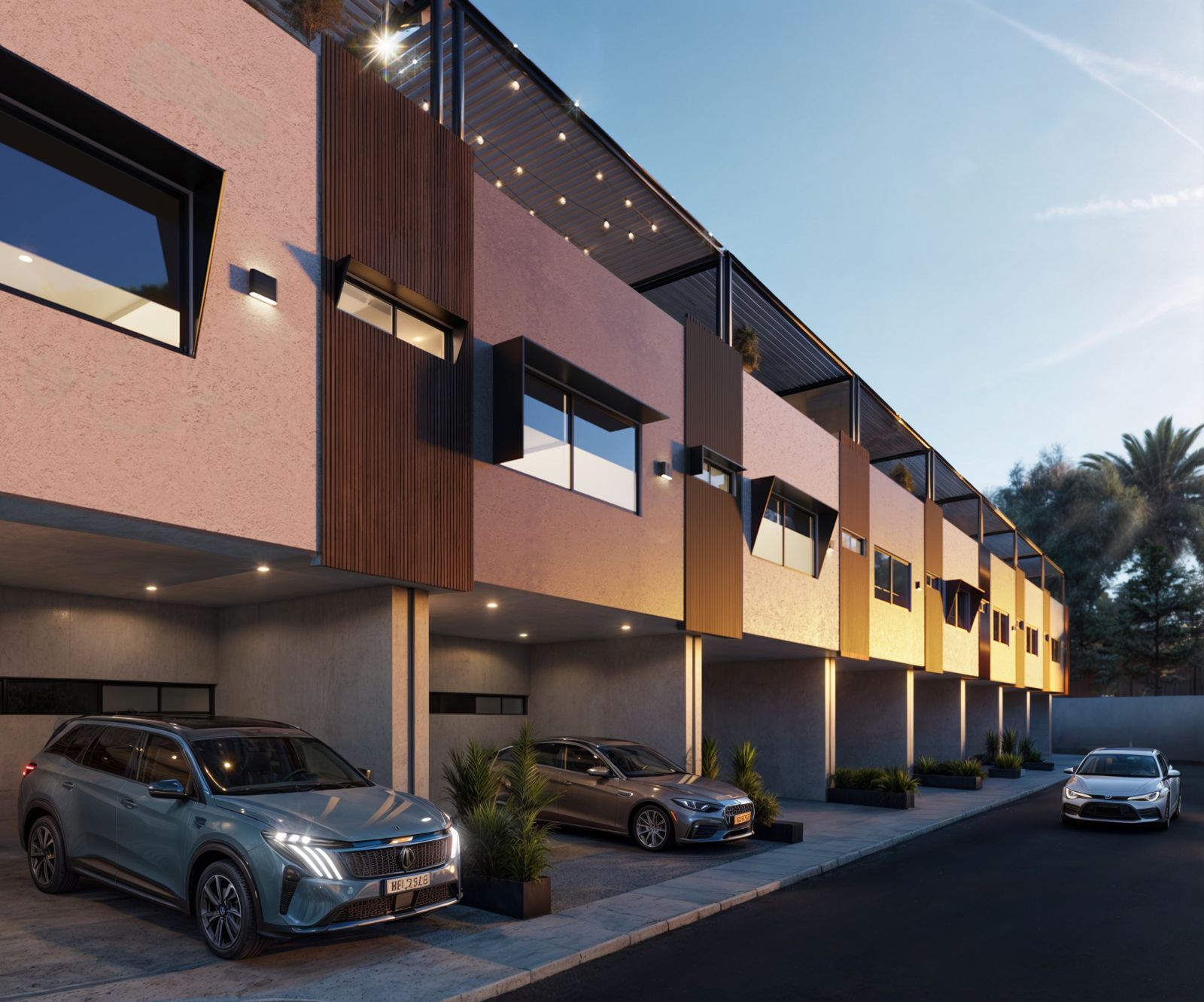 A row of cars are parked in front of a building.