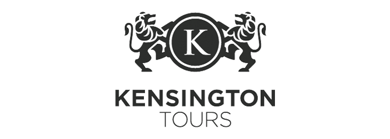 Logo of Kensington Tours: two lions flanking a circle with the letter 