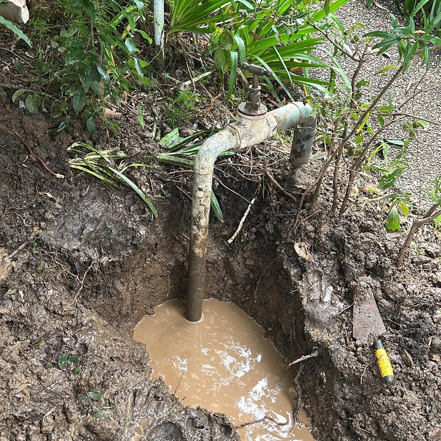 An outdoor pipe and tap with a puddle of muddy water — Distinct Plumbing Services In Wollongong, NSW