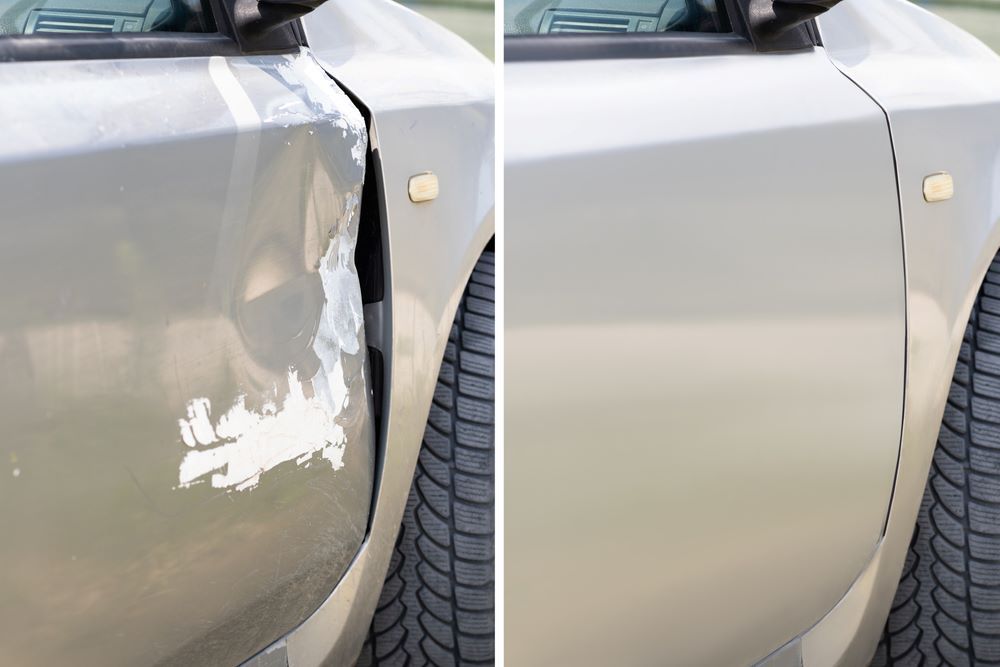 A Before and After Photo of a Car With a Damaged Fender — Camden Haven Panel Works In Laurieton, NSW