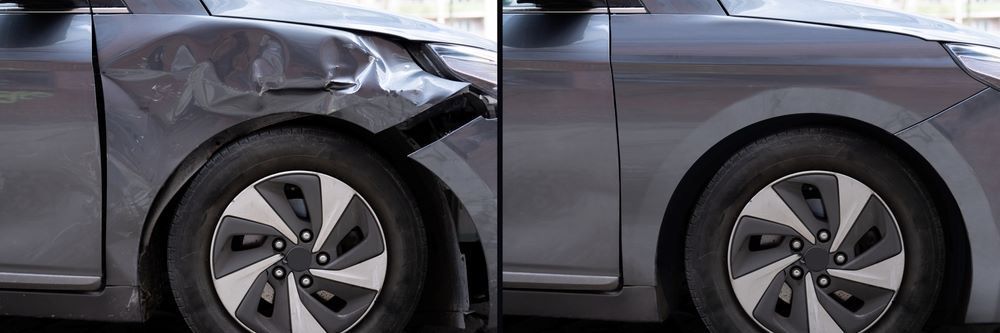 A Before and After Photo of a Car With a Damaged Fender — Camden Haven Panel Works In Laurieton, NSW