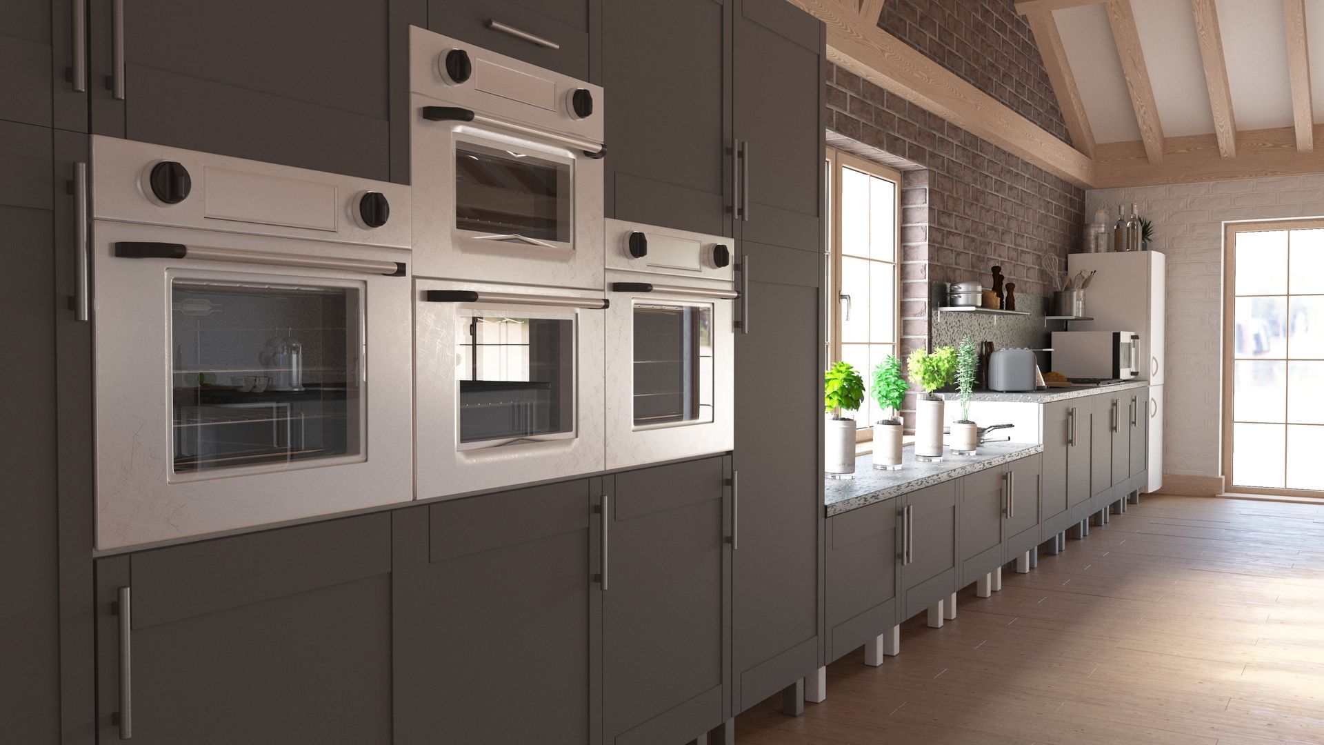 a kitchen with gray cabinets and white appliances and a brick wall .