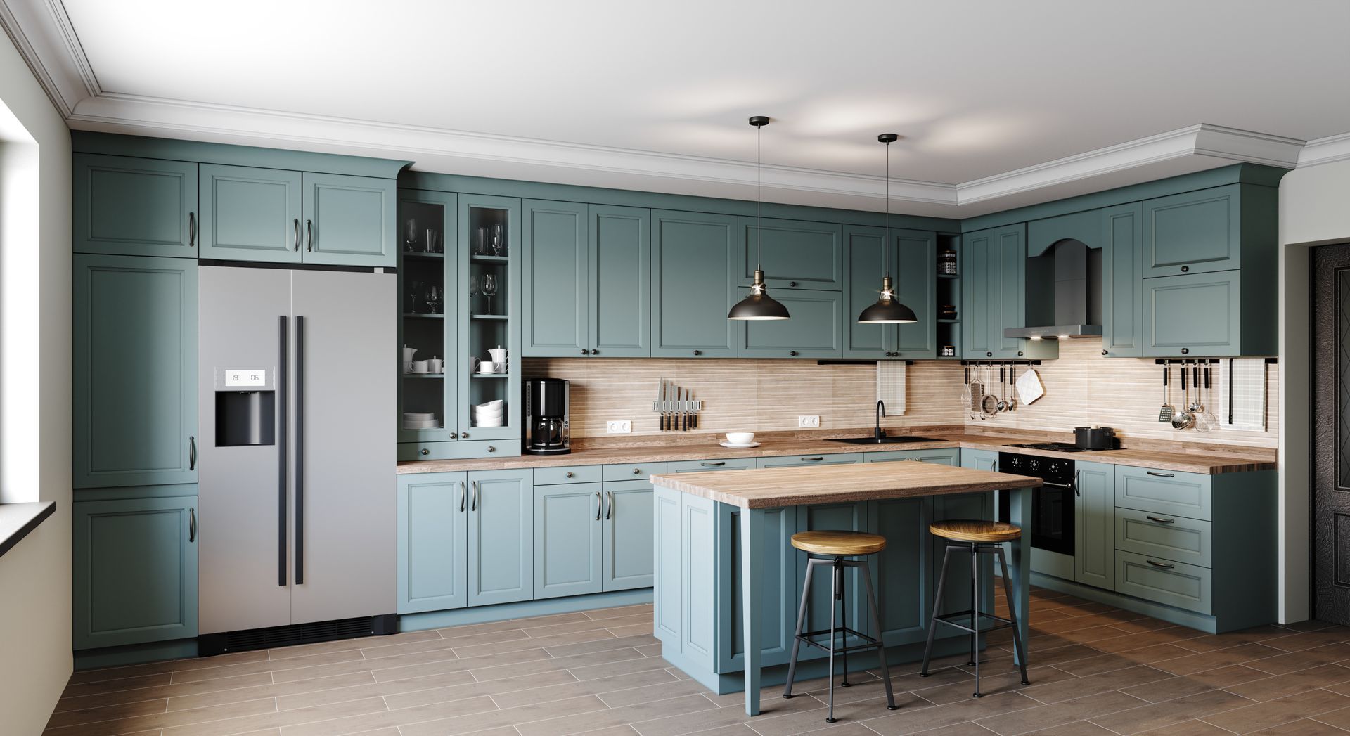 a kitchen with blue cabinets and a stainless steel refrigerator .