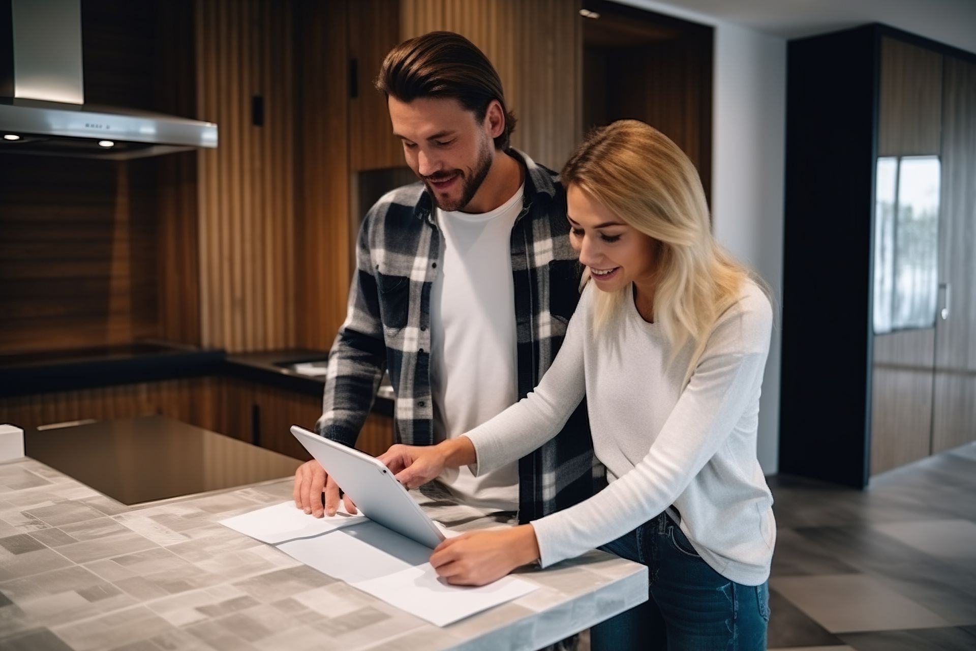 A man and a woman are looking at a tablet in a kitchen.