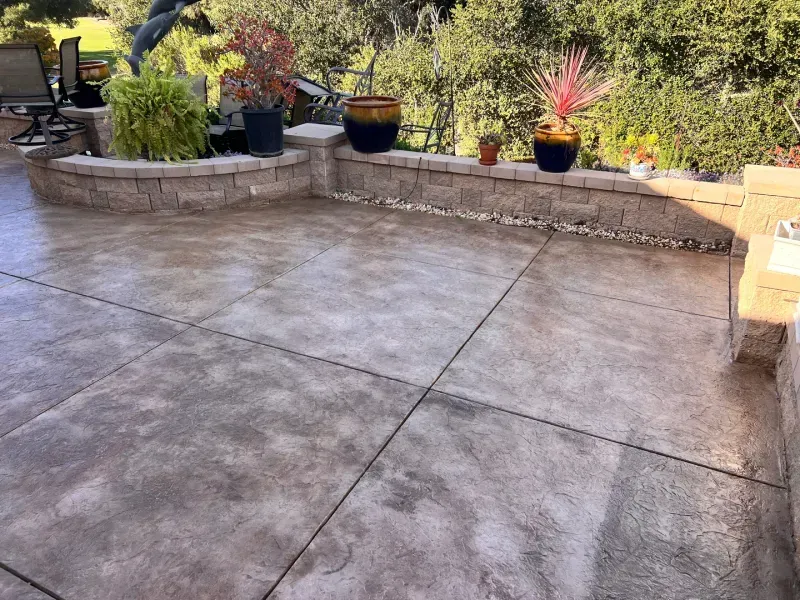 Concrete patio with retaining wall and potted plants, surrounded by greenery.