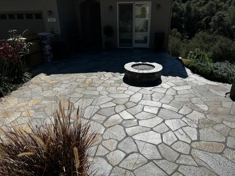 Stone patio with fire pit, plants, and sliding glass door entrance.