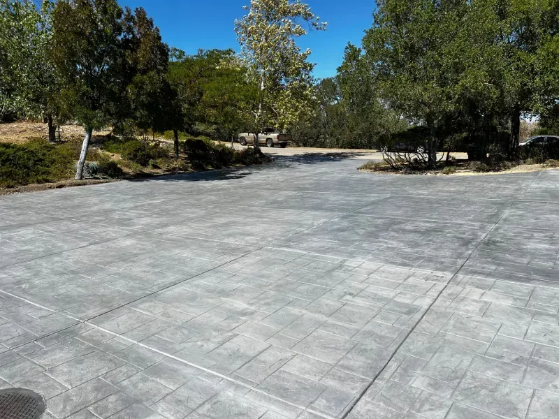Stamped concrete driveway with trees, shrubs, and a clear blue sky.
