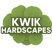 Logo for Kwik Hardscapes: Text "KWIK HARDSCAPES" on a green leaf background.