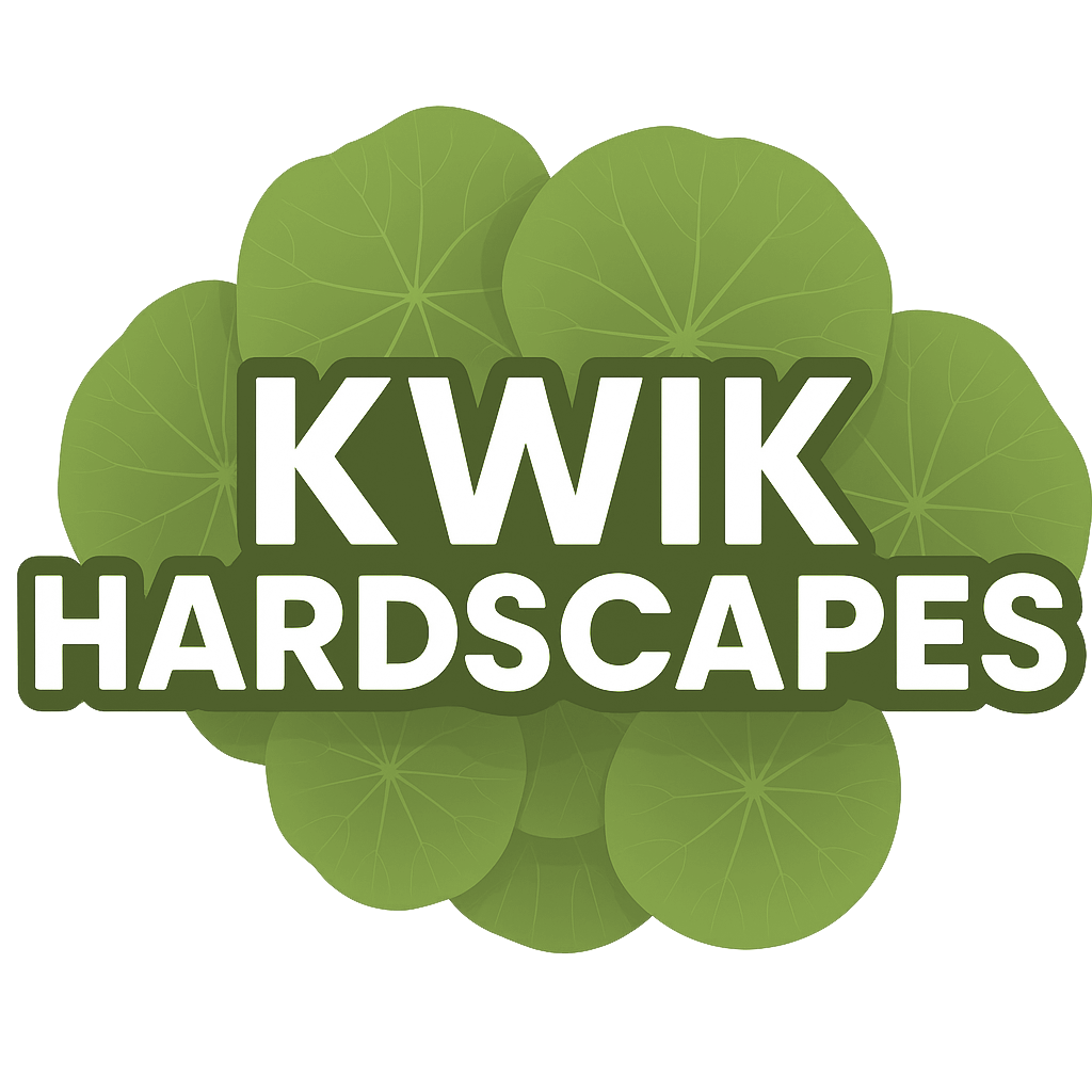 Logo for Kwik Hardscapes: Text "KWIK HARDSCAPES" on a green leaf background.