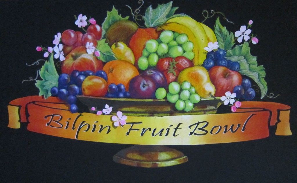 A painting of fruit in a bowl with a banner that says bilpin fruit bowl