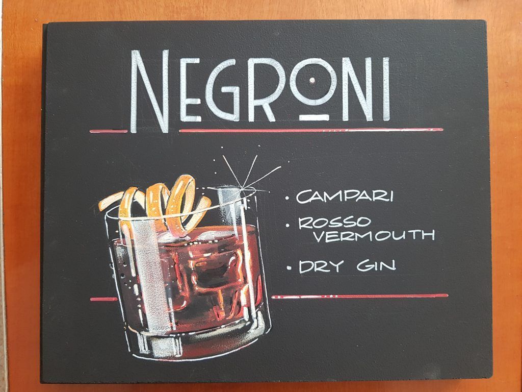Negroni cocktail illustration with Campari, Rosso Vermouth, and Dry Gin ingredients listed.