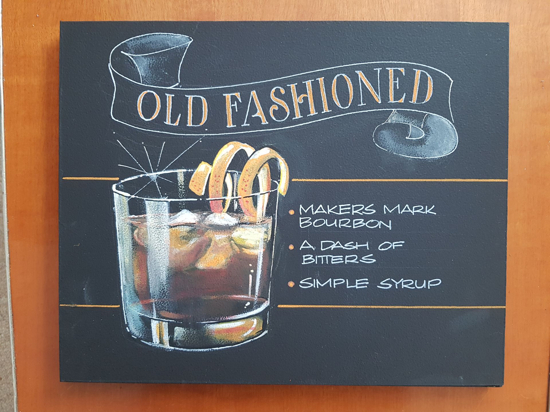 A chalkboard drawing of an old fashioned cocktail