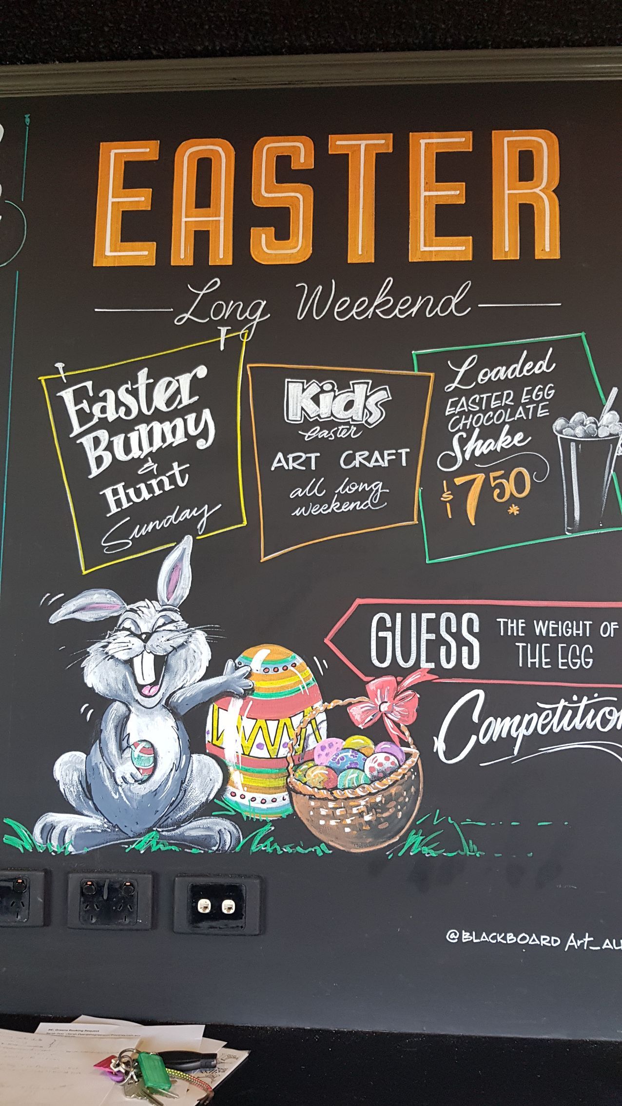 A chalkboard with a picture of an easter bunny and eggs on it.