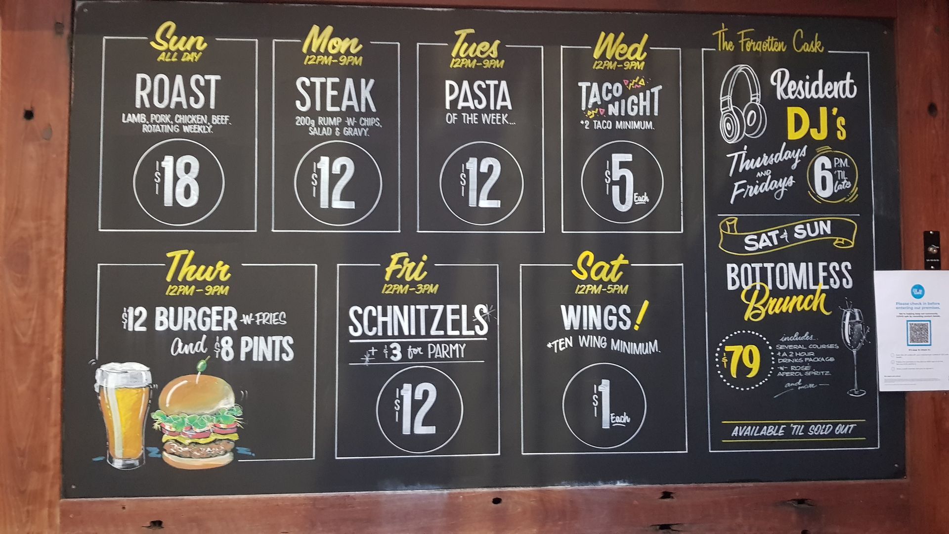 A chalkboard shows a menu for a restaurant including roast steak and schnitzels