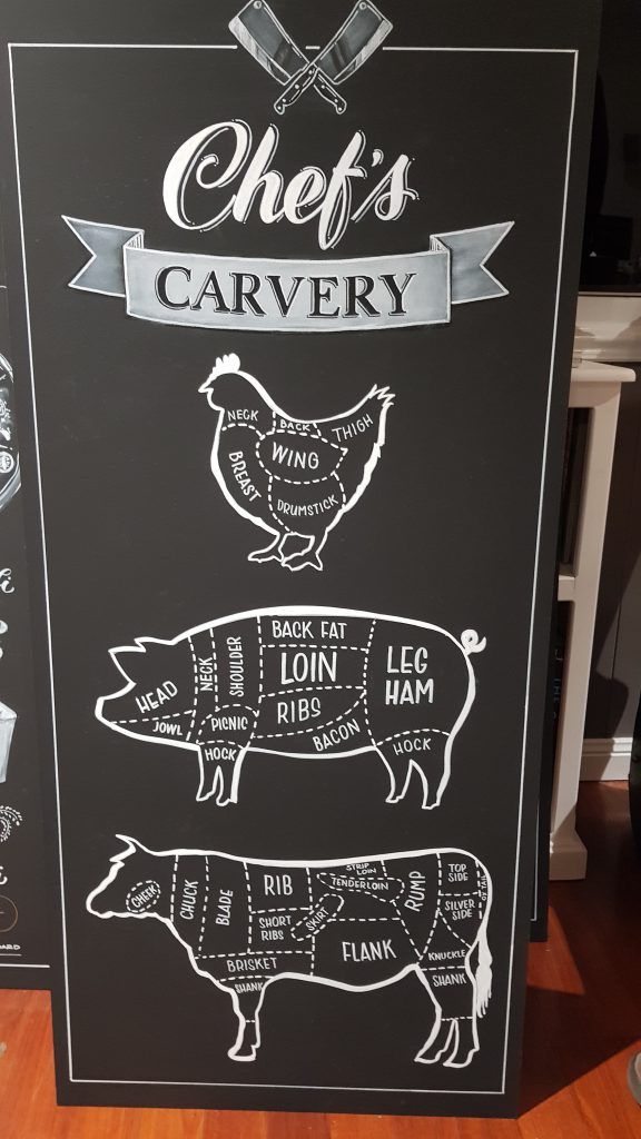 A chalkboard with a chicken , pig , and cow on it
