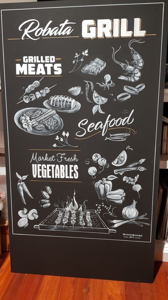 A chalkboard with grilled meats and seafood on it