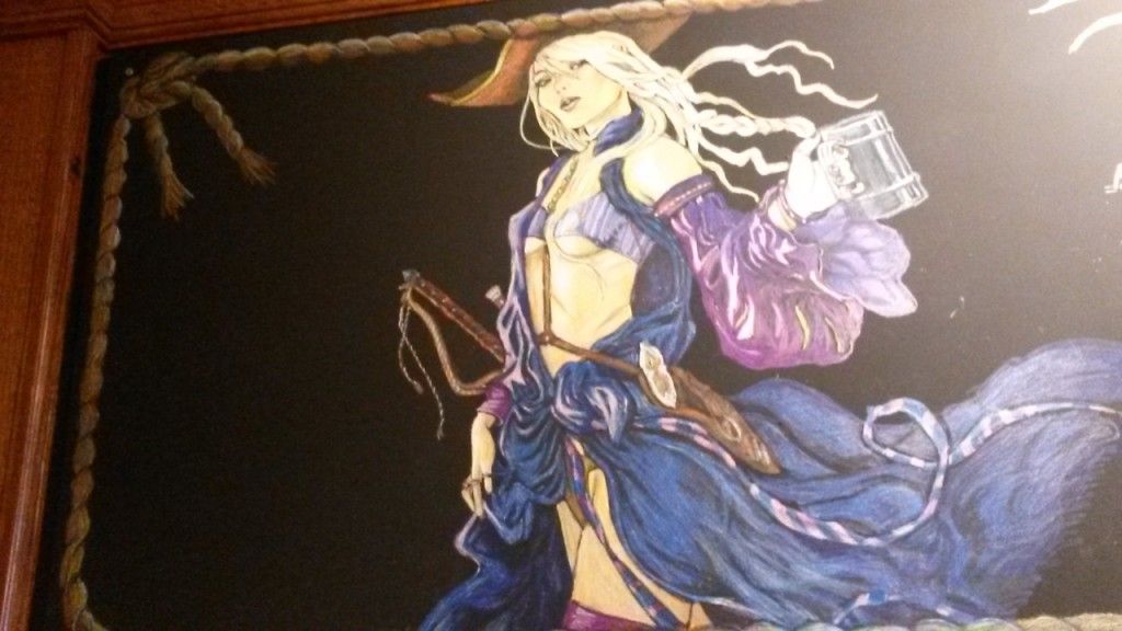 A painting of a woman in a blue dress holding a beer mug