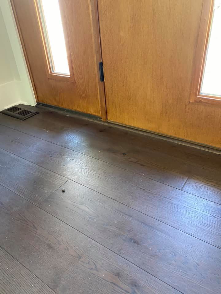 Wooden door with a dark wood floor in a sunny setting.